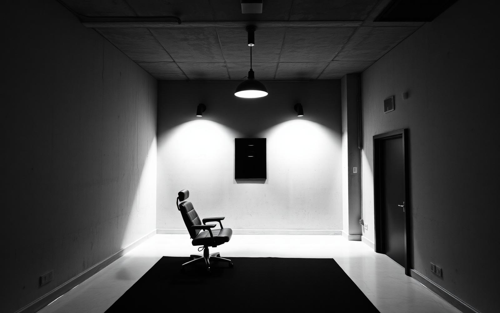 Empty tattoo studio with a single chair under a hanging lamp